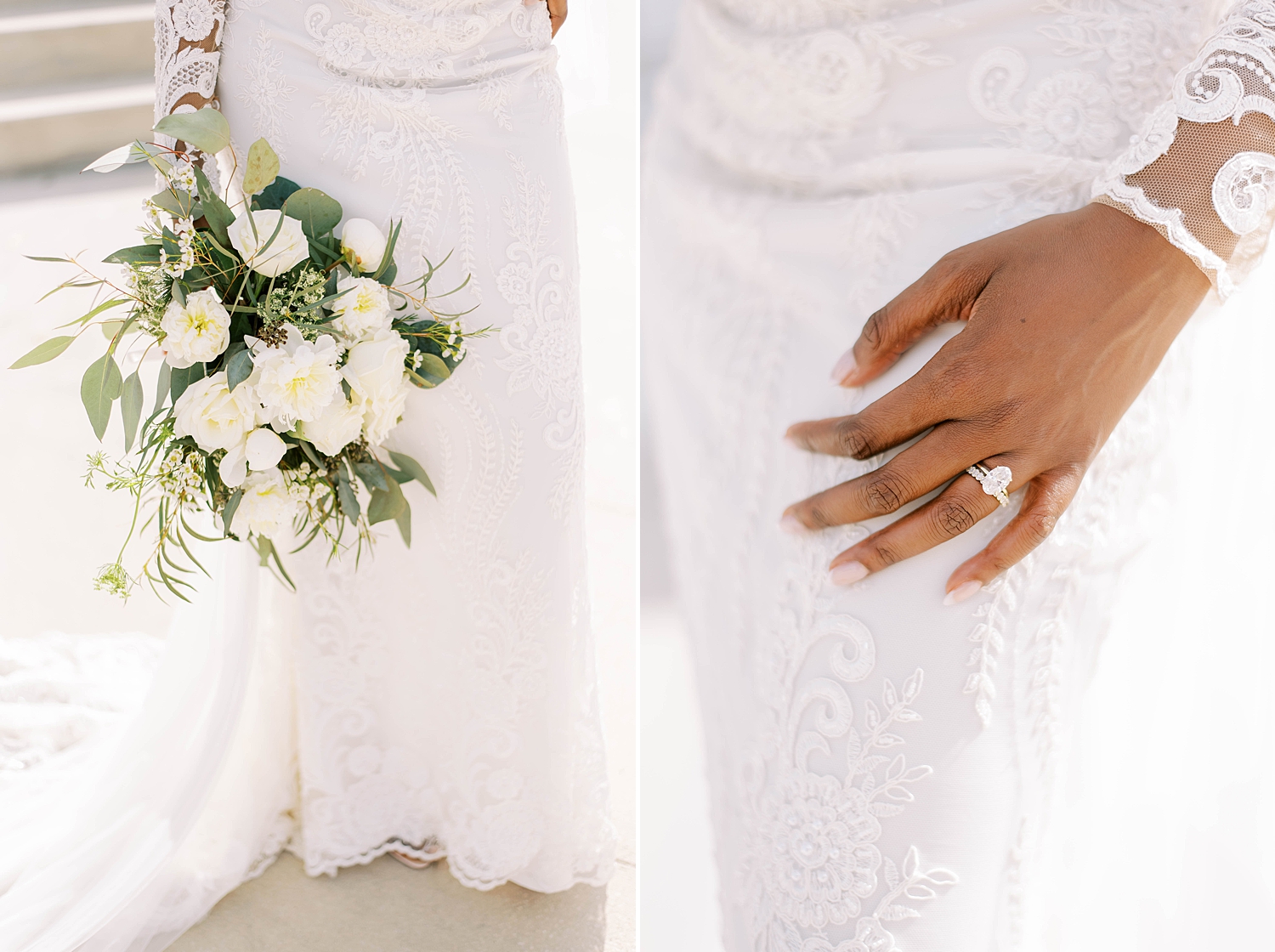 bride holds lace detailing on gown showing off diamond ring
