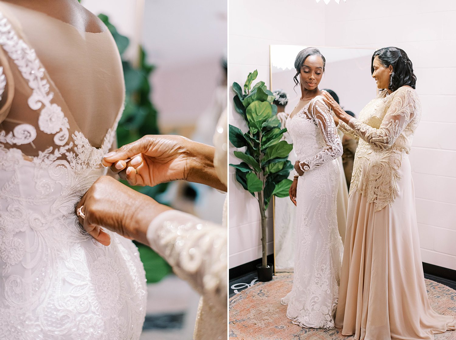 mother helps bride into wedding gown before Haus 820 wedding