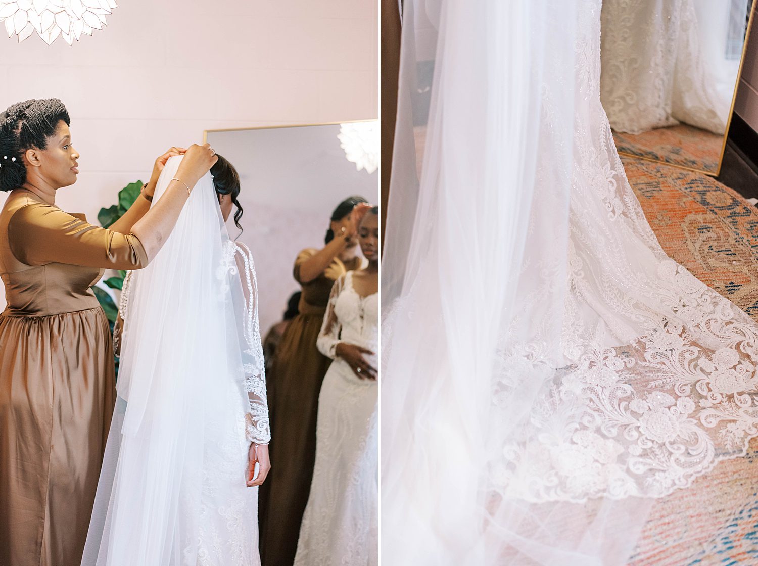 mother helps bride with veil before Haus 820 wedding