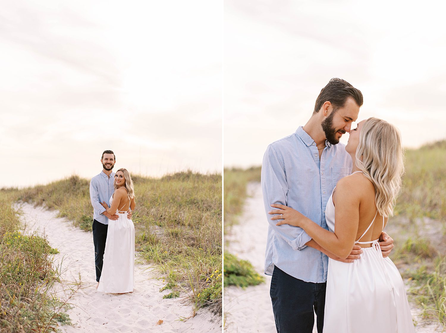 bride and groom hug on beach during St. Pete engagement session