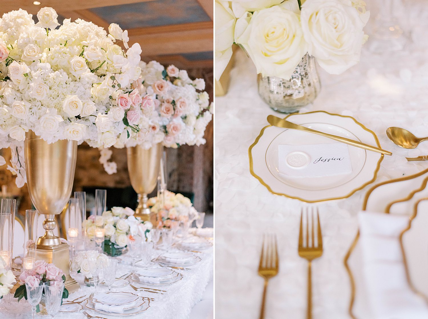 place settings with gold-rimmed plates for Florida wedding day