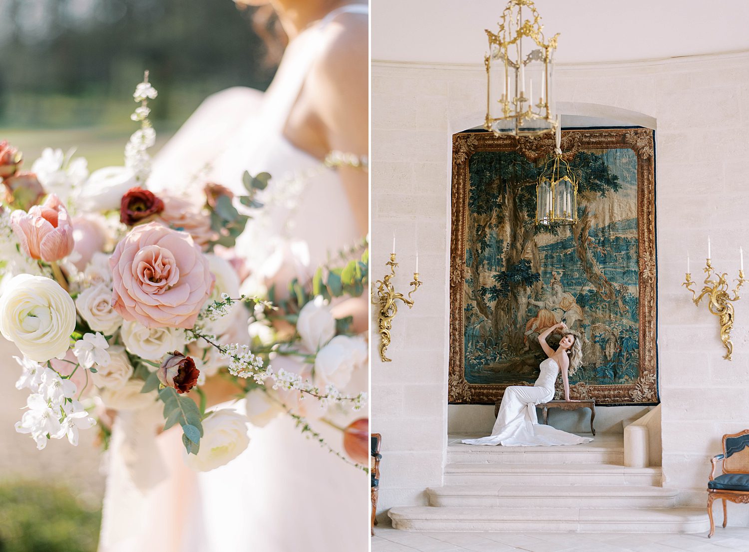 Paris wedding photographer photographs bride by hanging art piece