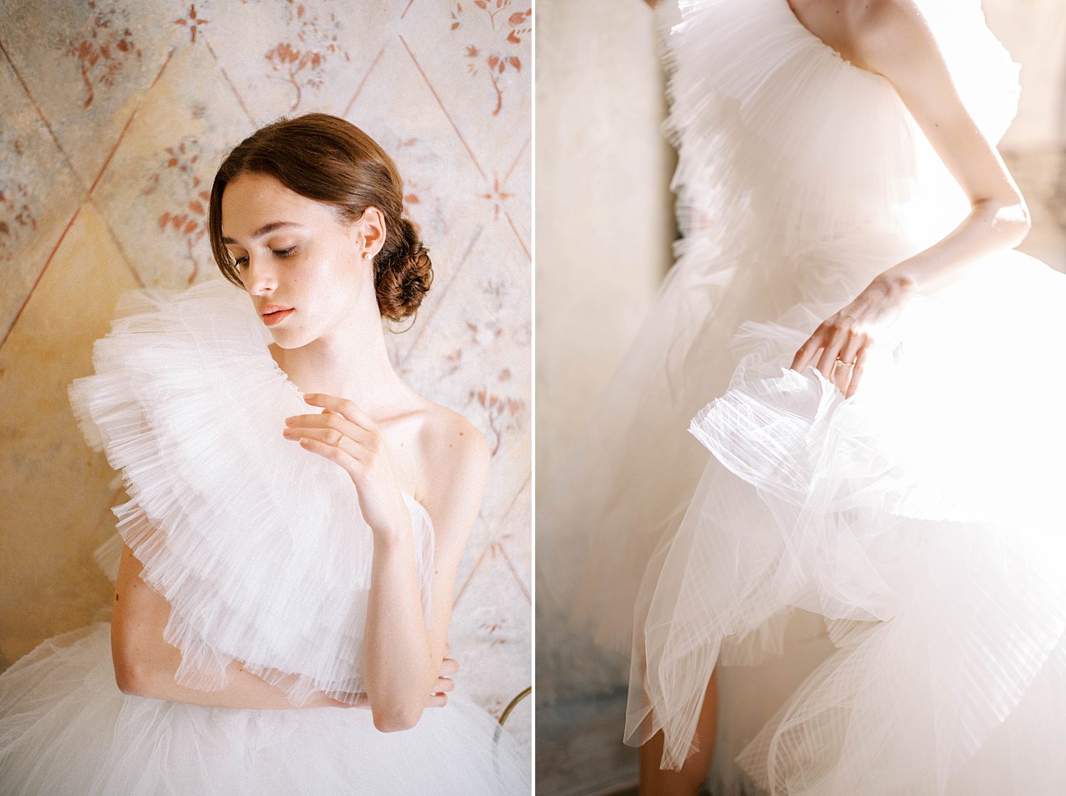 bride sits in one-shoulder dress with layered details
