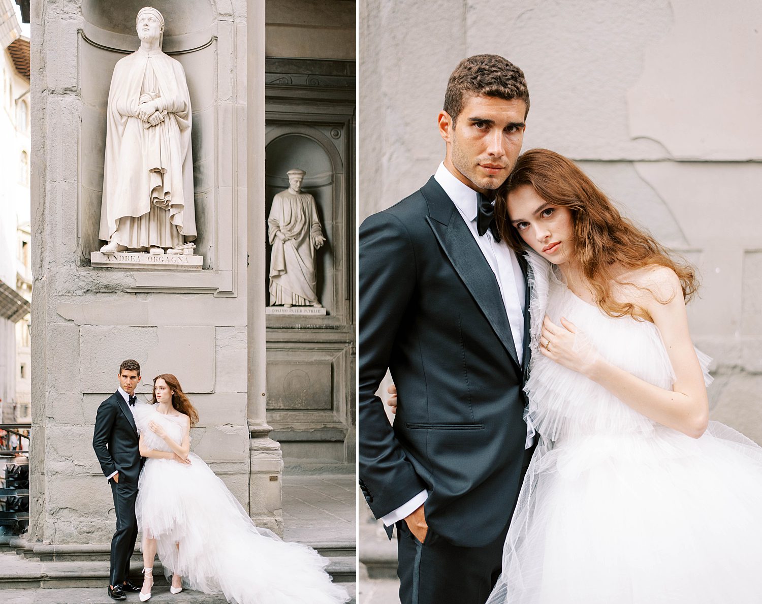 bride leans on groom's chest by statue in Florence