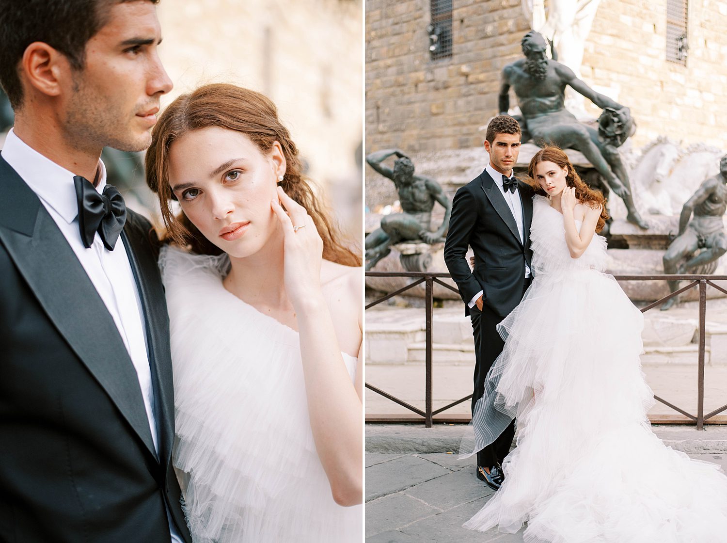 bride and groom stand together in plaza in Florence