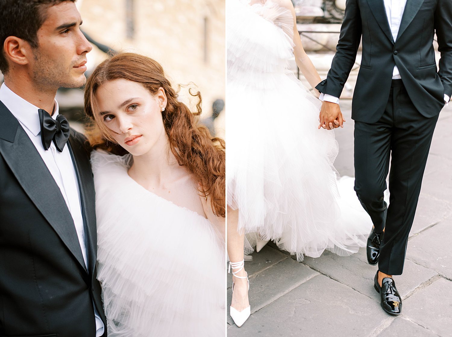 newlyweds hold hands walking through city in Florence 