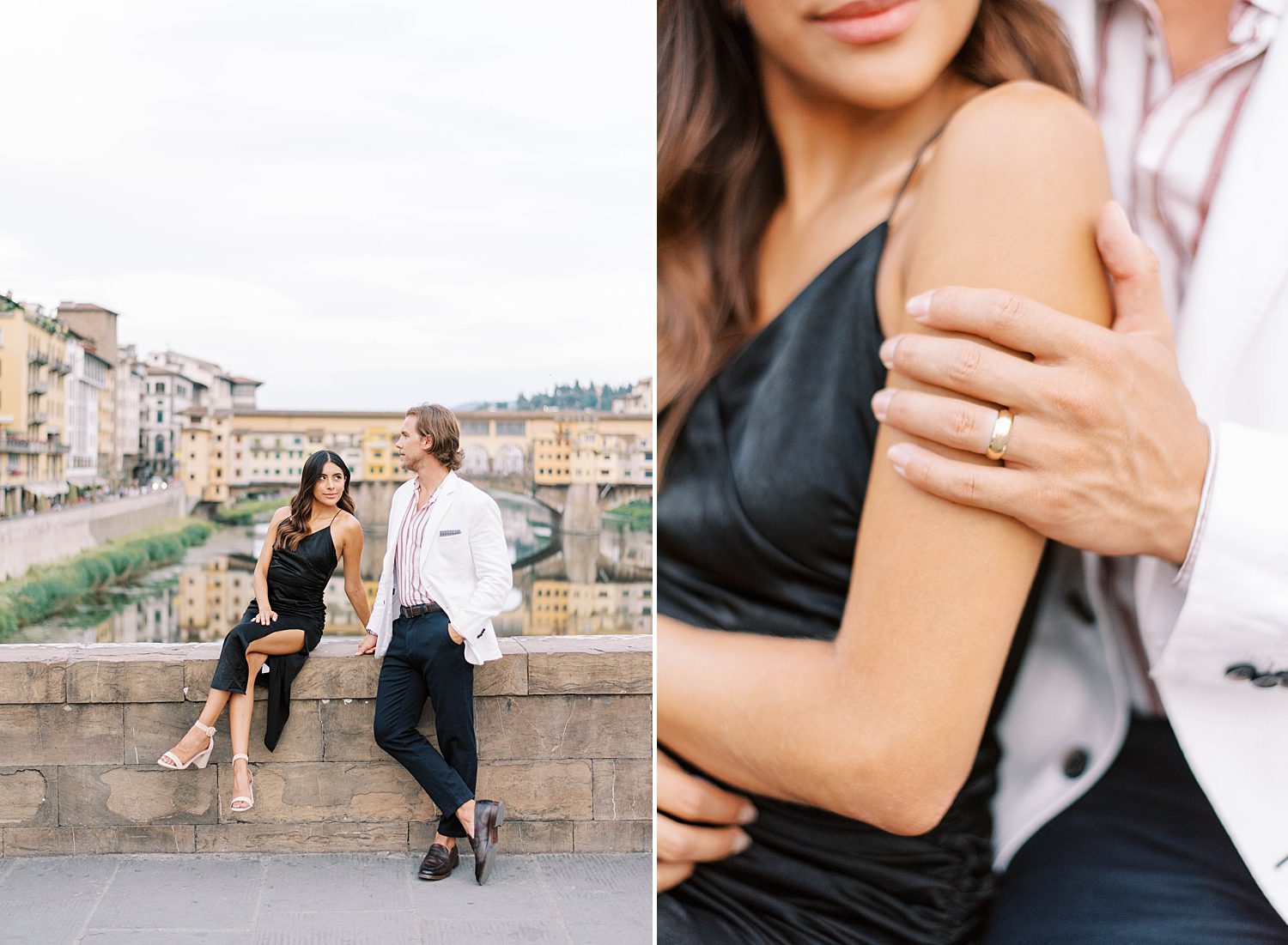 man sits next to wife on bridge in Ponte Vecchio