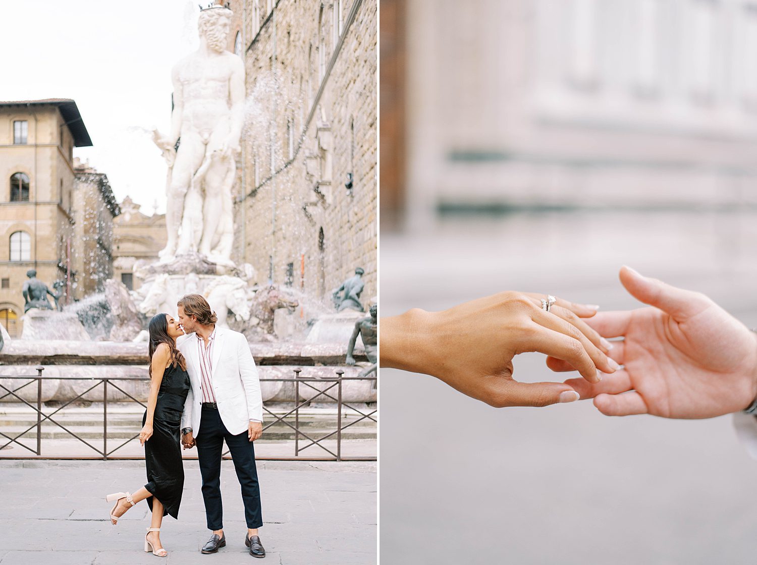 couple holds hands sitting along bridge in Piazza della Signoria