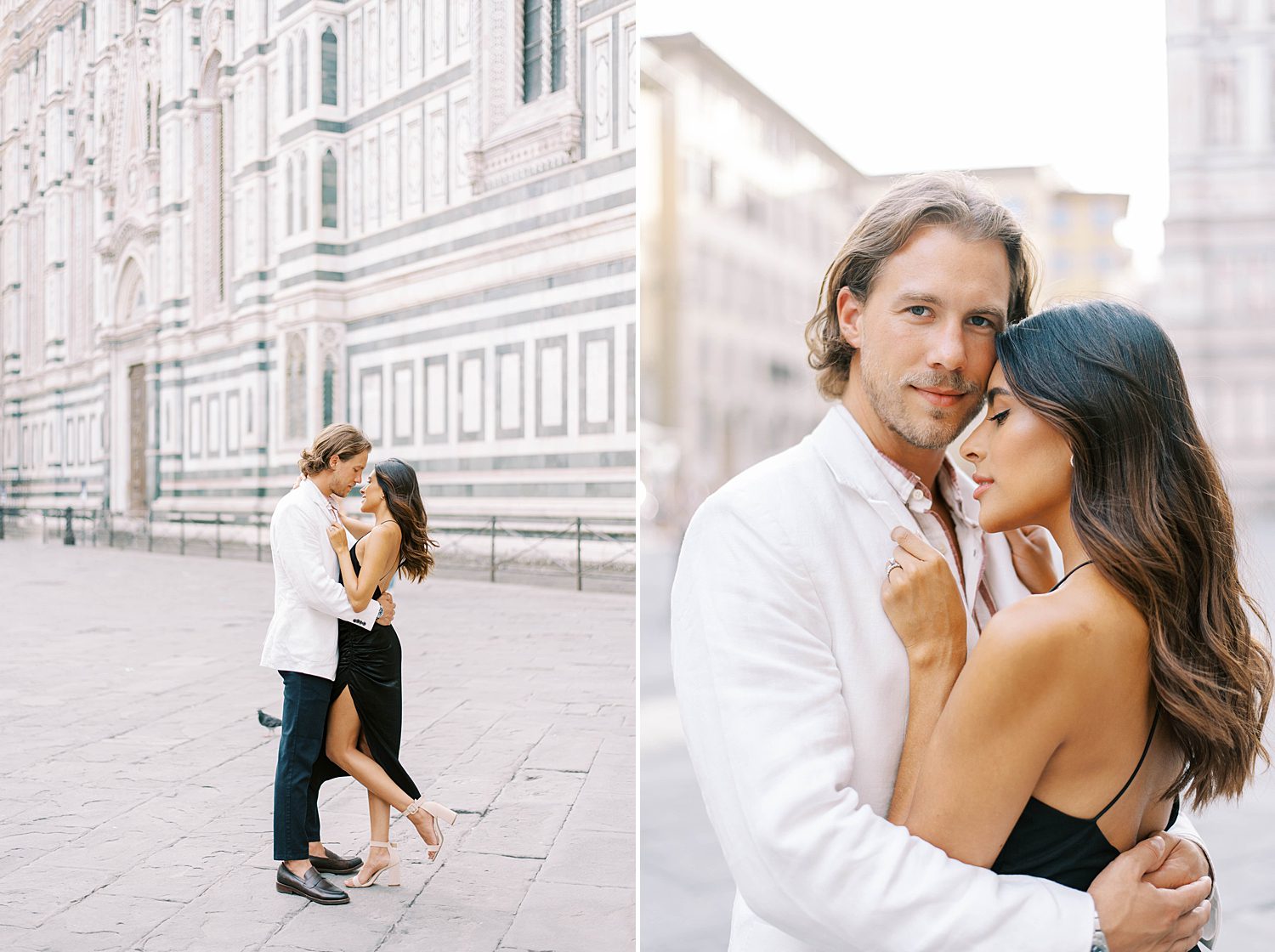 married couple hugs outside white buildings at Duomo di Firenze