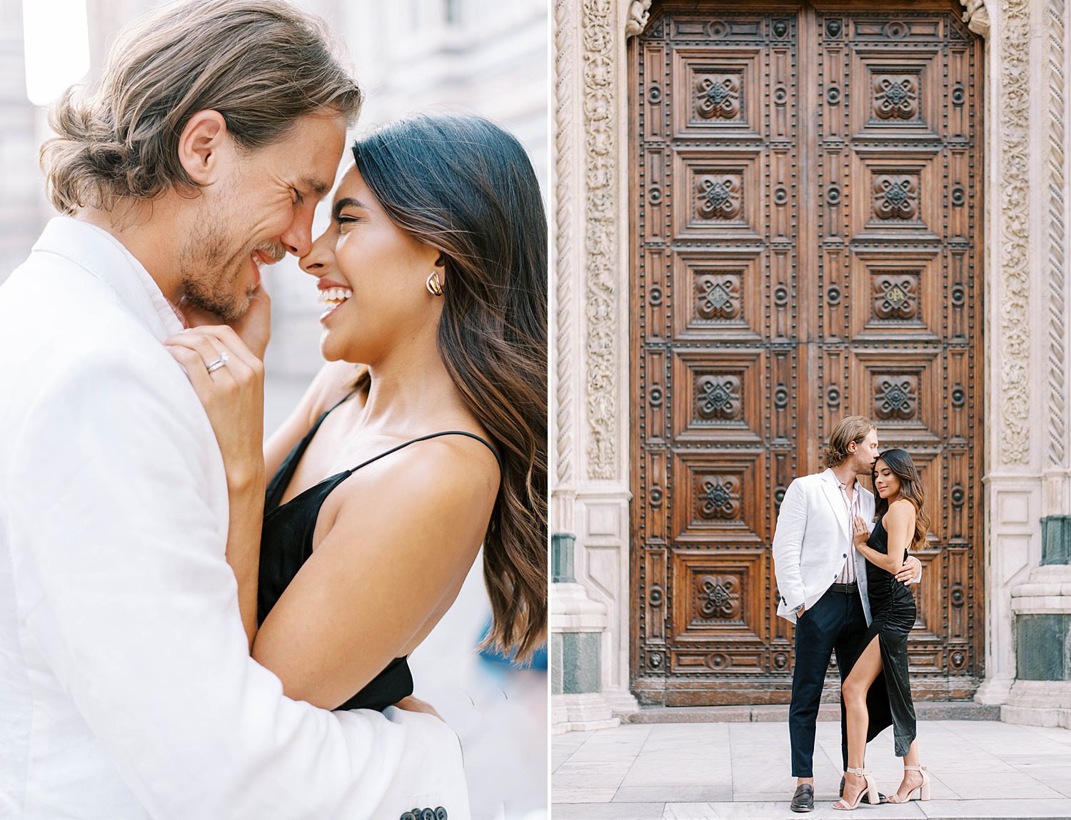 married couple hugs by wooden doors in Florence Italy