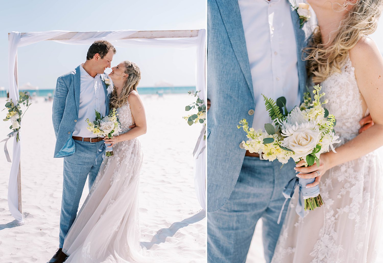 bride and groom hug during beach wedding photos in Siesta Key Beach