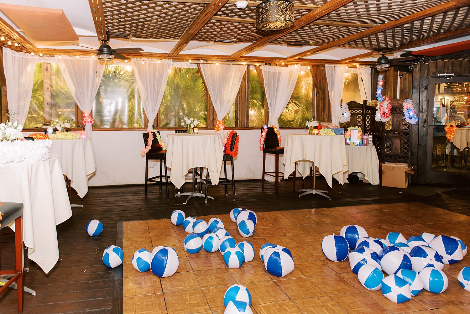 Cafe Gabbiano wedding reception dance floor with blue beach balls