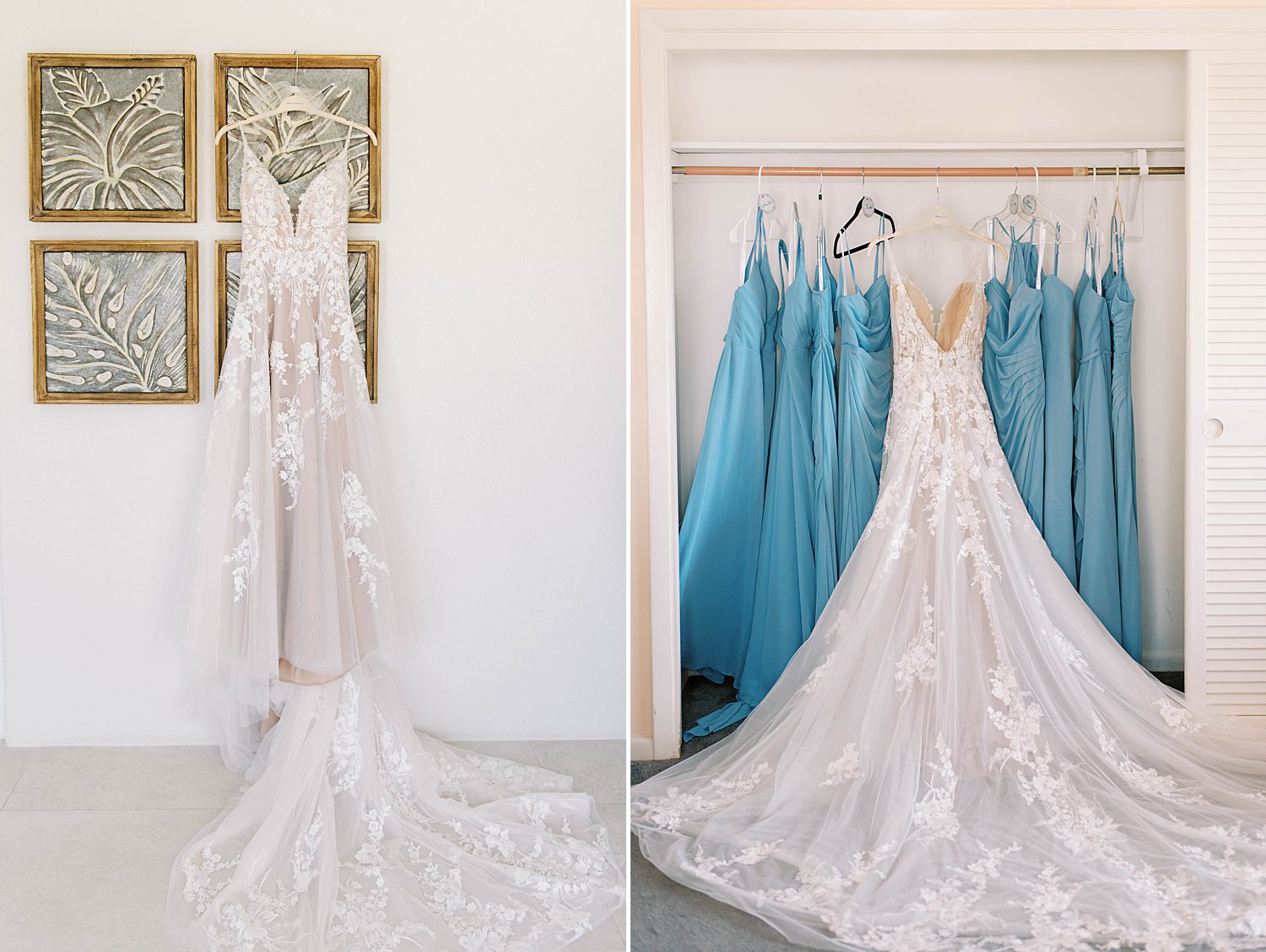 bride's wedding dress hangs with blue bridesmaid gowns in Florida