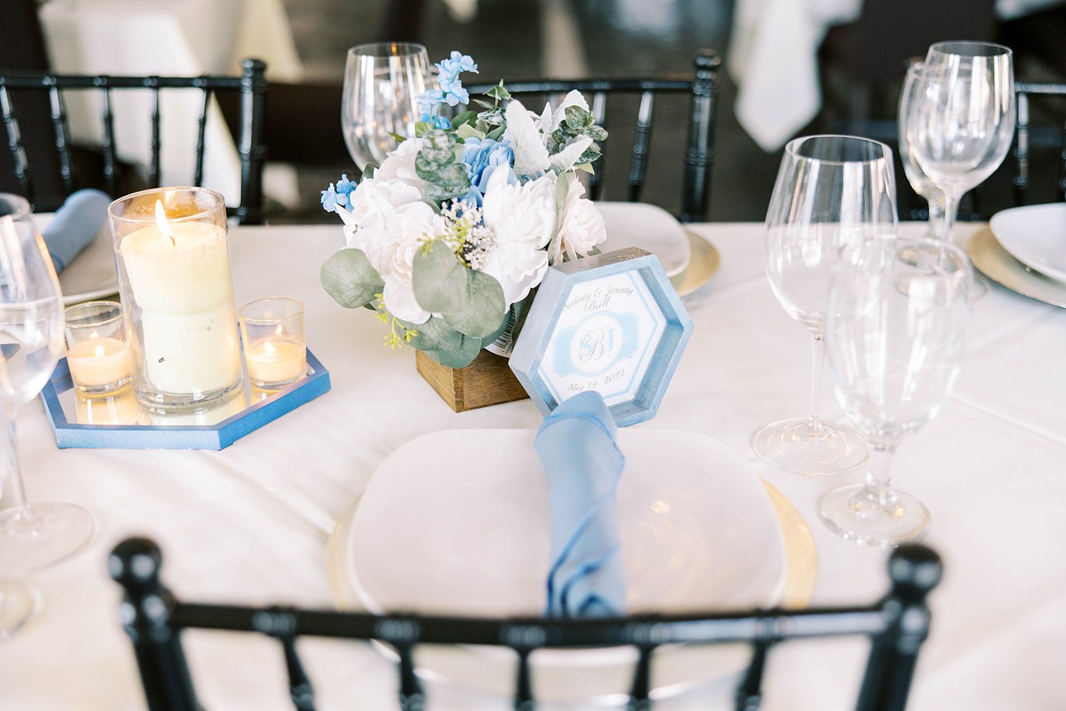 blue and white reception details for beach celebration