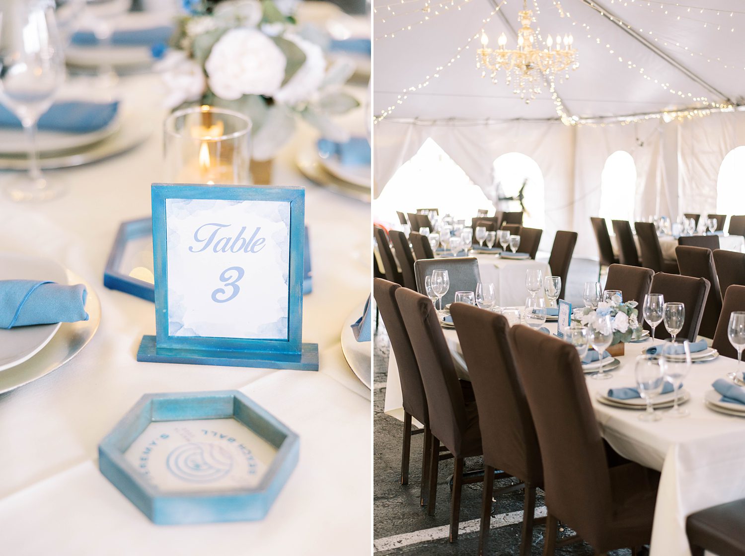 blue and white table numbers for wedding reception at Cafe Gabbiano 