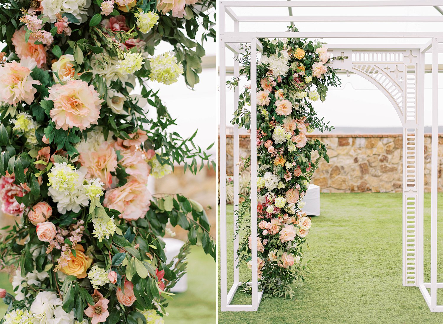 floral arbor with pastel white and pink roses