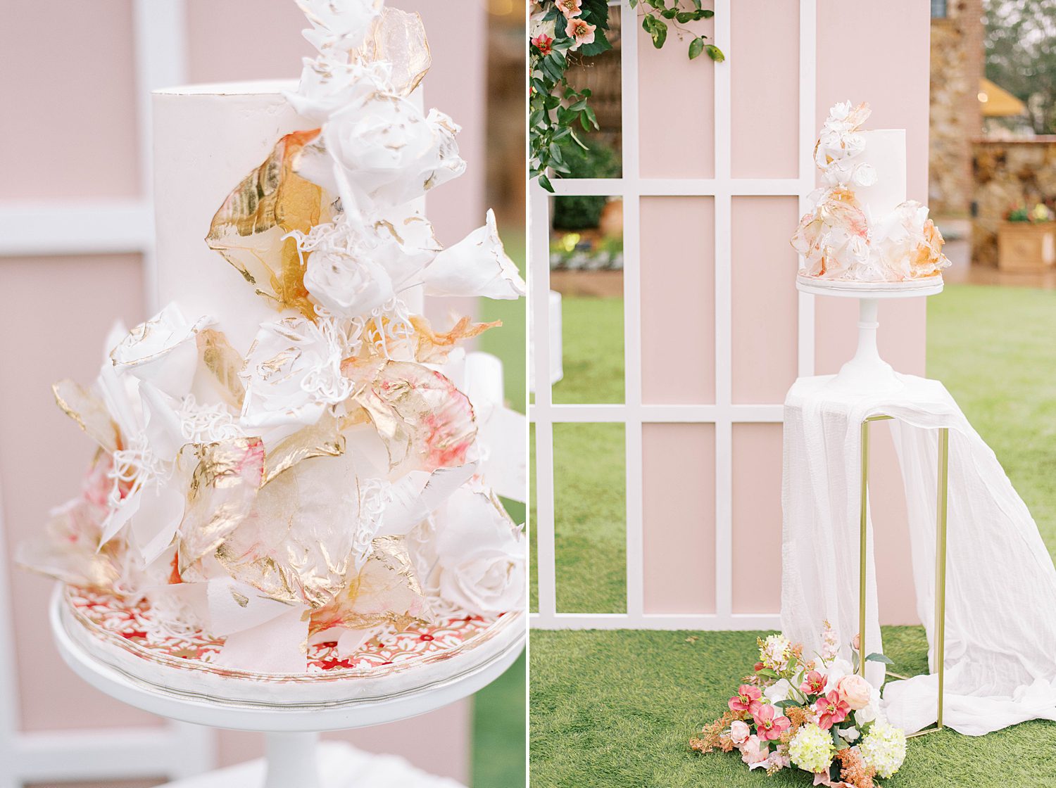 modern wedding cake with pink and white