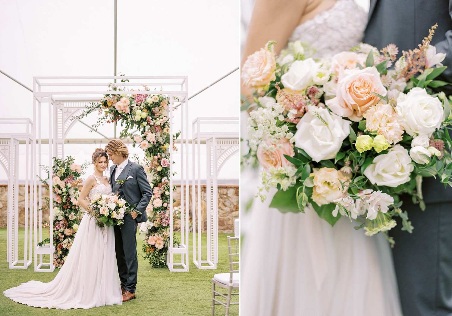 bride holds bouquet of pastel flowers during garden wedding at Bella Collina