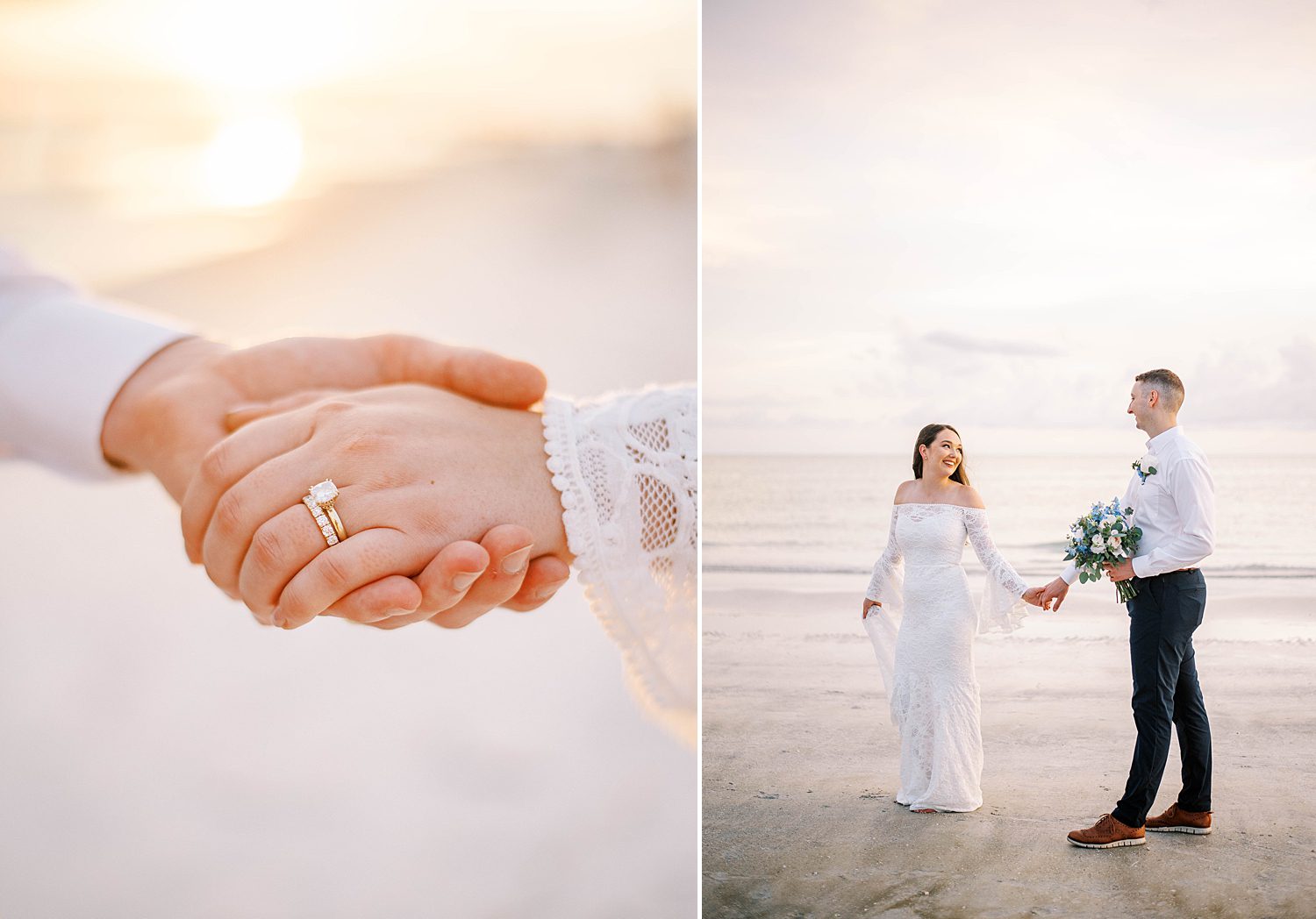 groom holds bride's hand showing off wedding ring