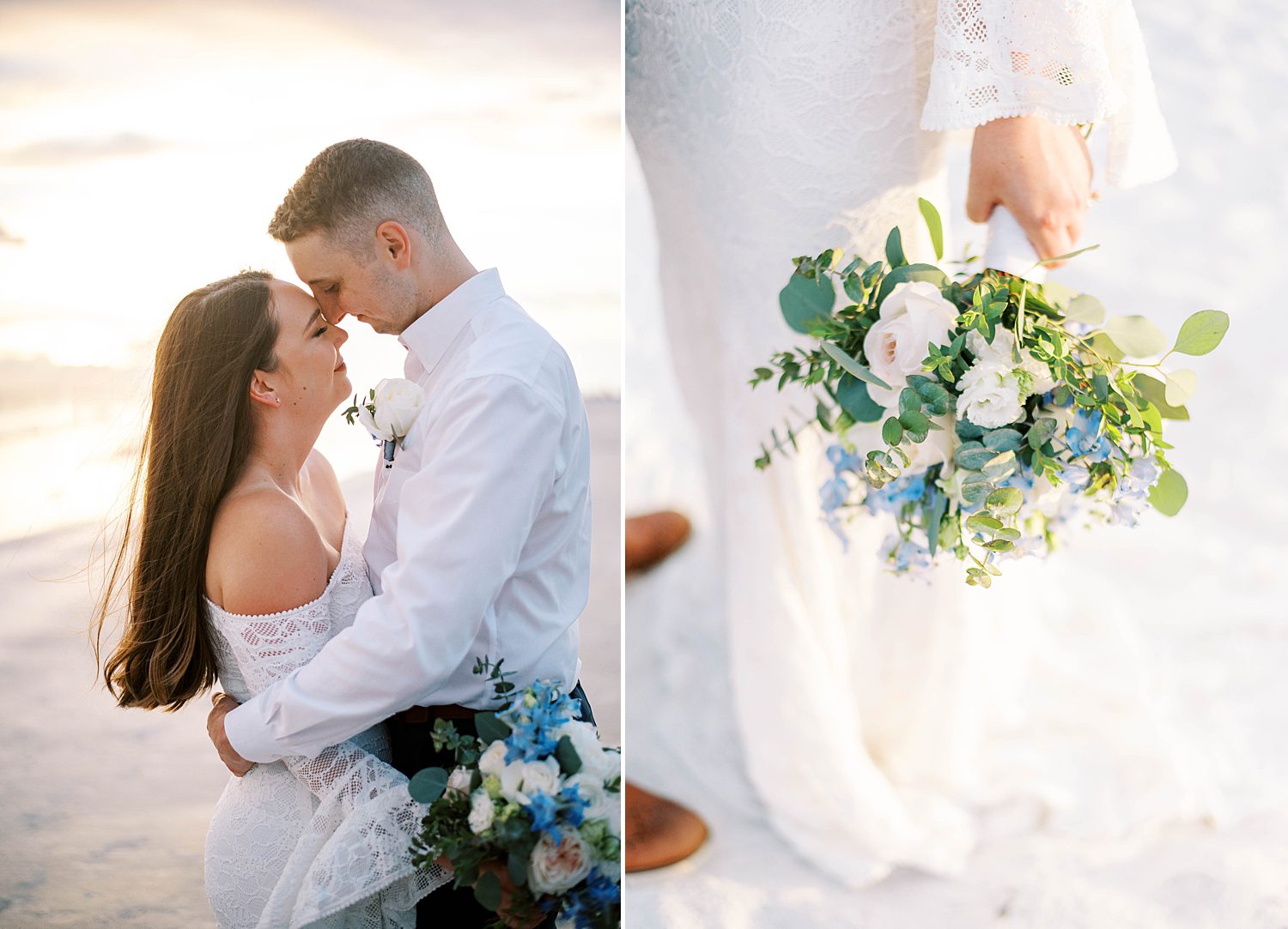 bride and groom nuzzle noses while bride holds bouquet of white and blue flowers 