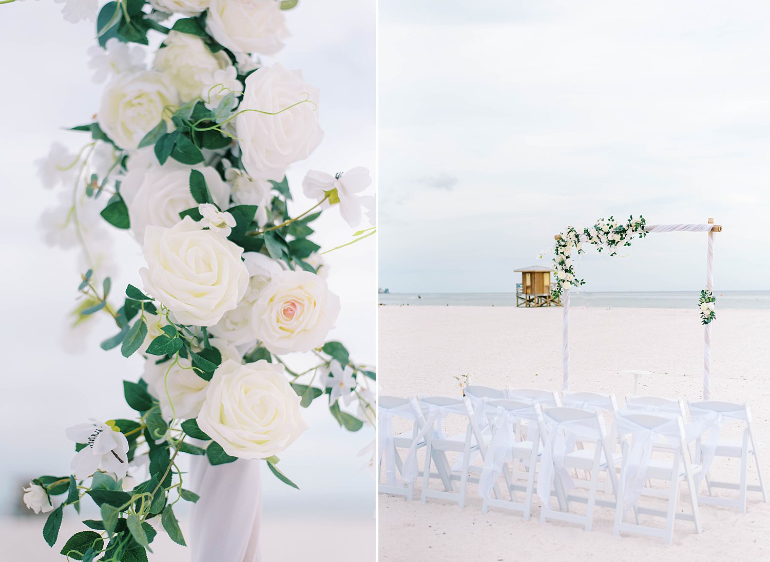 details for beach wedding ceremony with flowers on arbor