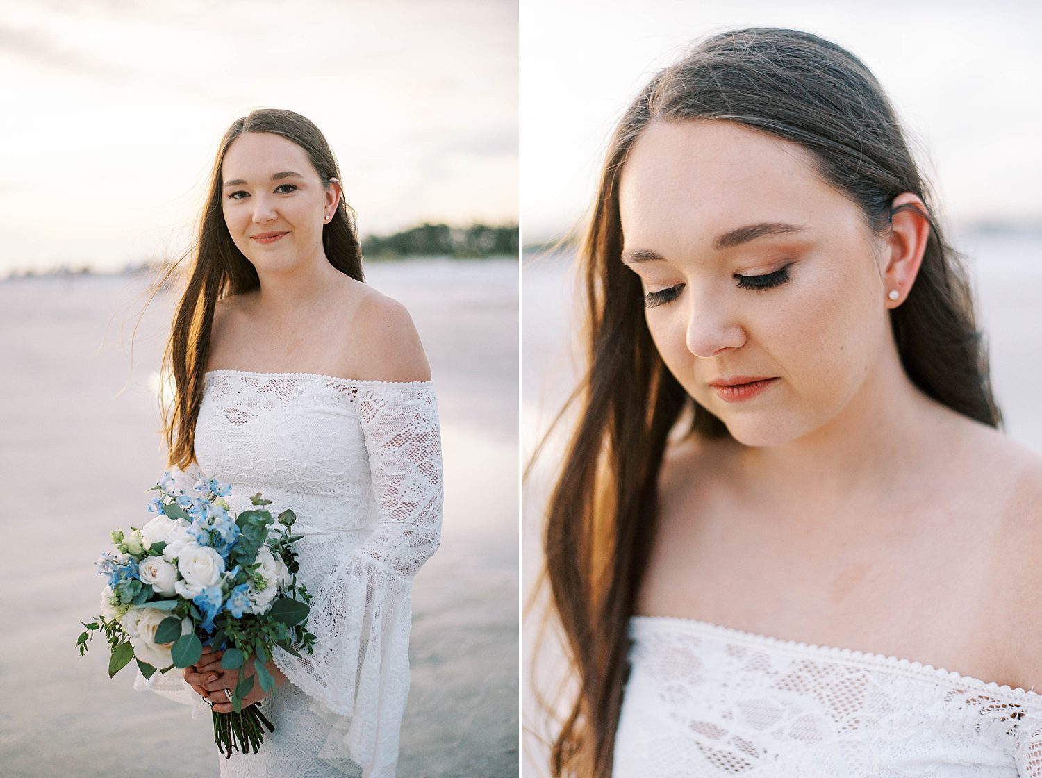 bride poses in off-the-shoulder gown with lace sleeves holding white and blue bouquet 