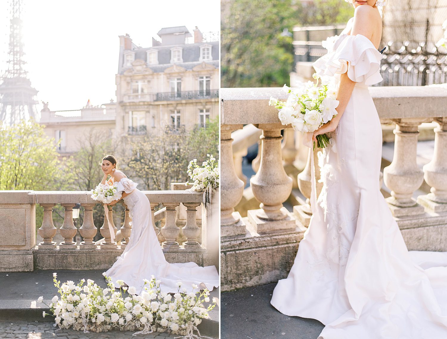bride poses in Marchesa wedding gown against railing by Seine River 
