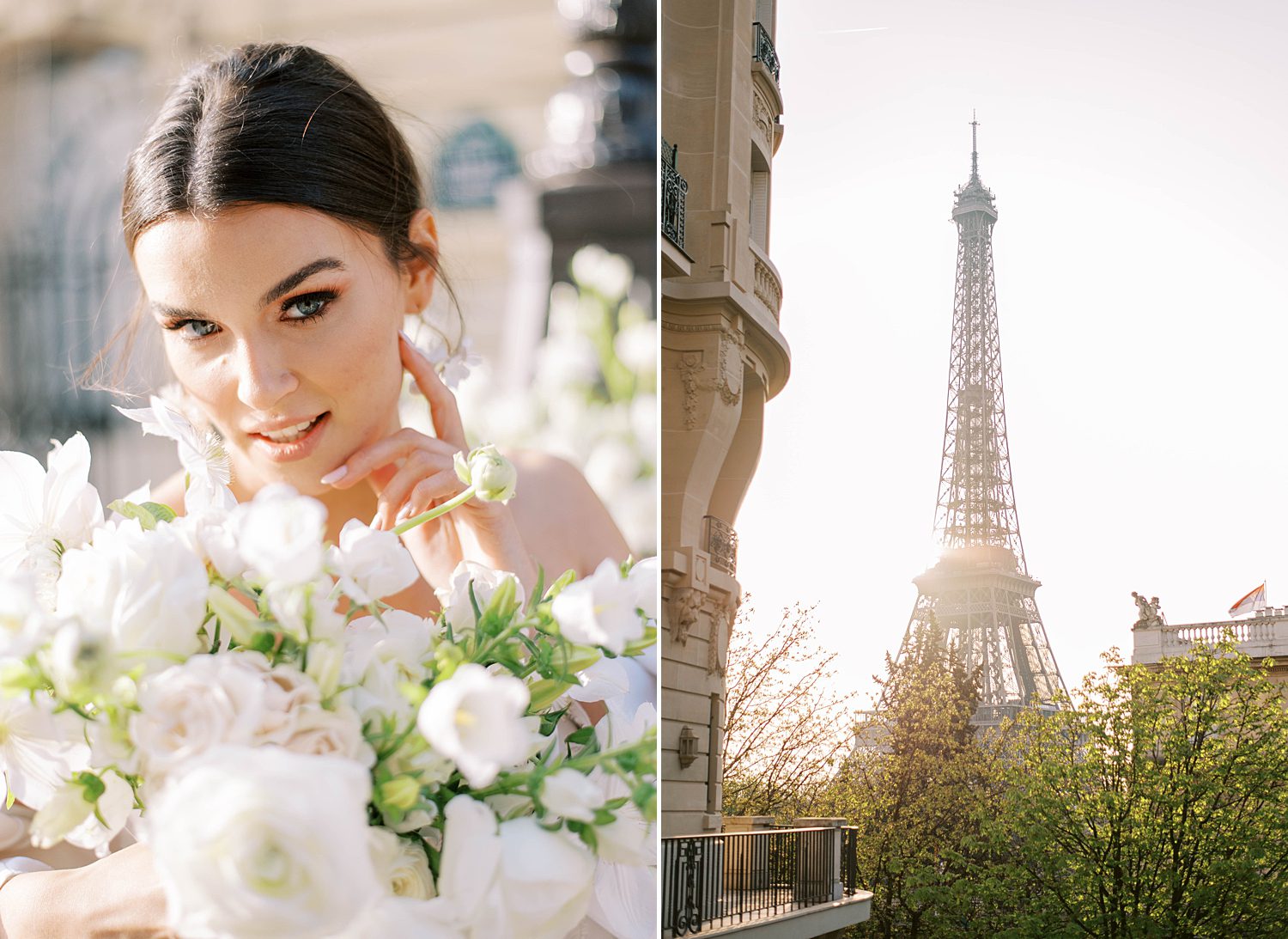bride holds bouquet of white flowers by Eiffel Tower during elopement