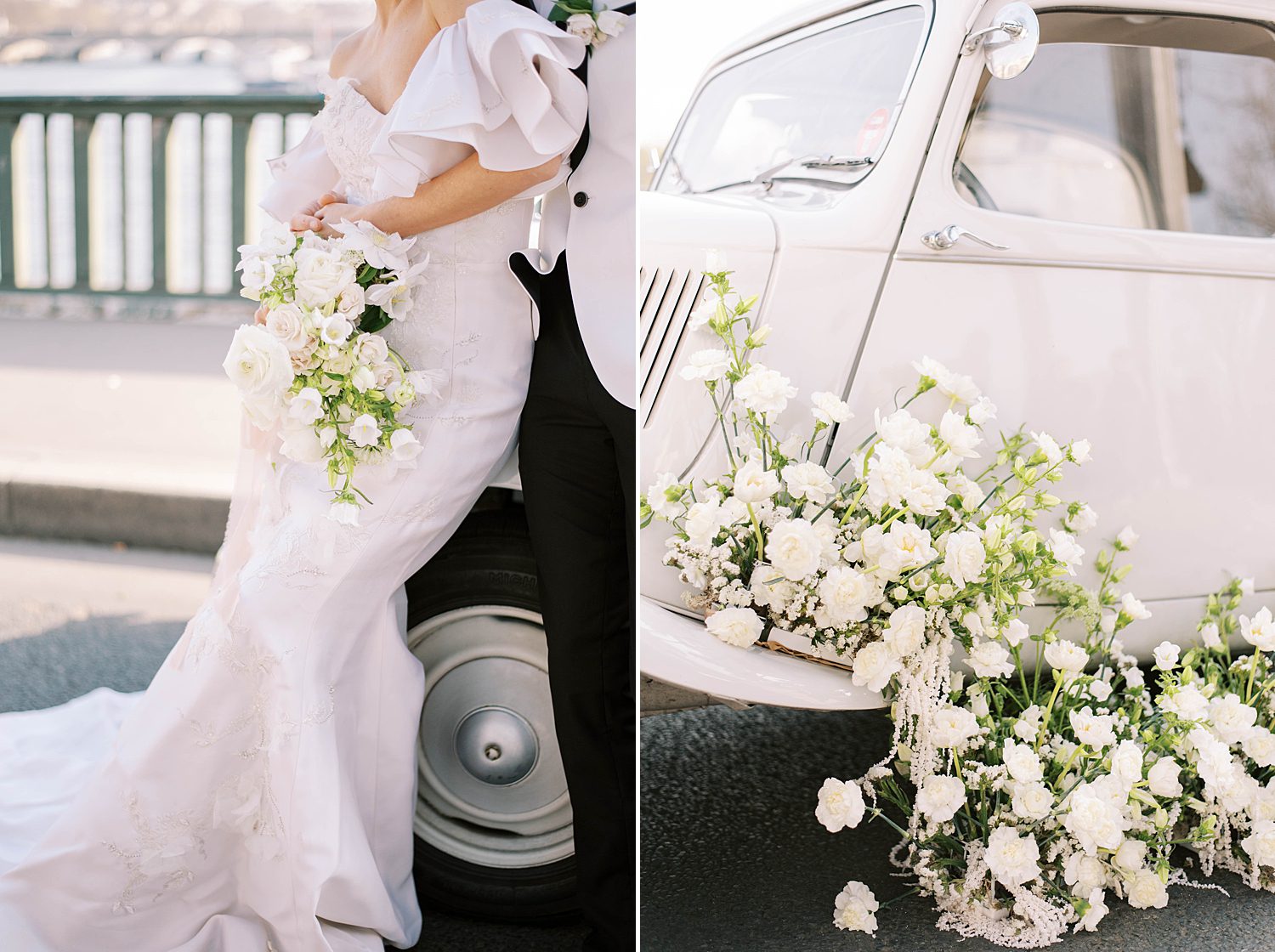 bride holds bouquet of white cascading flowers against hood of classic white car