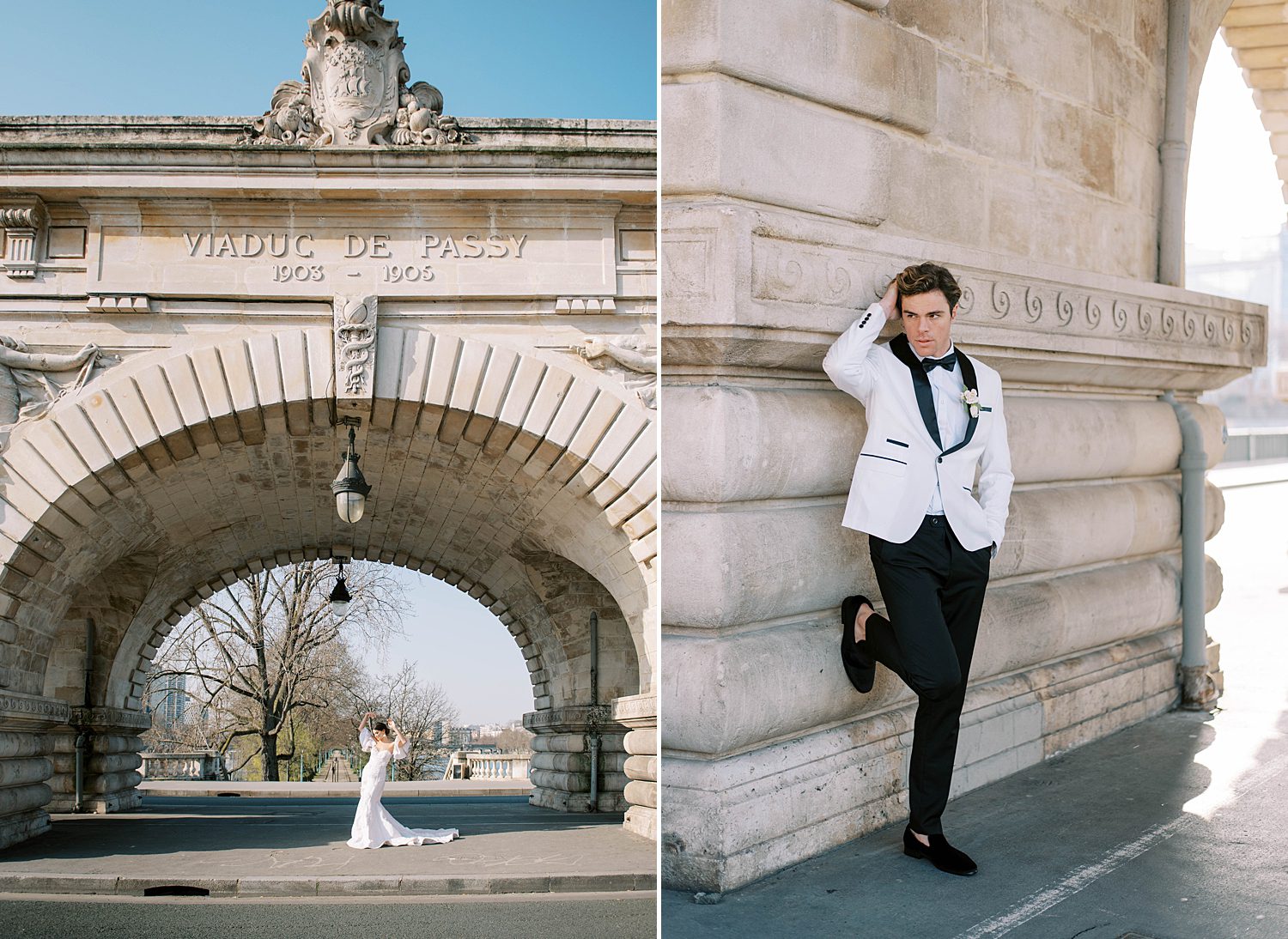 groom leans against bridge in Paris