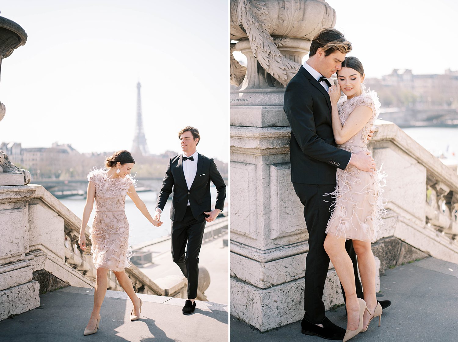 bride and groom pose against stone wall in Paris