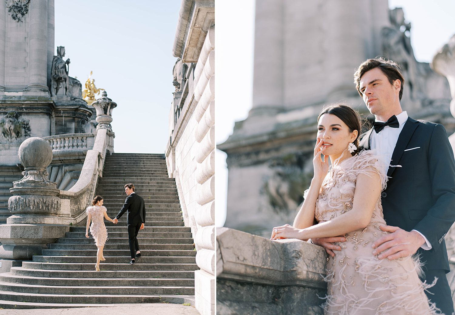 bride and groom walk down steps in Paris during elopement portraits 