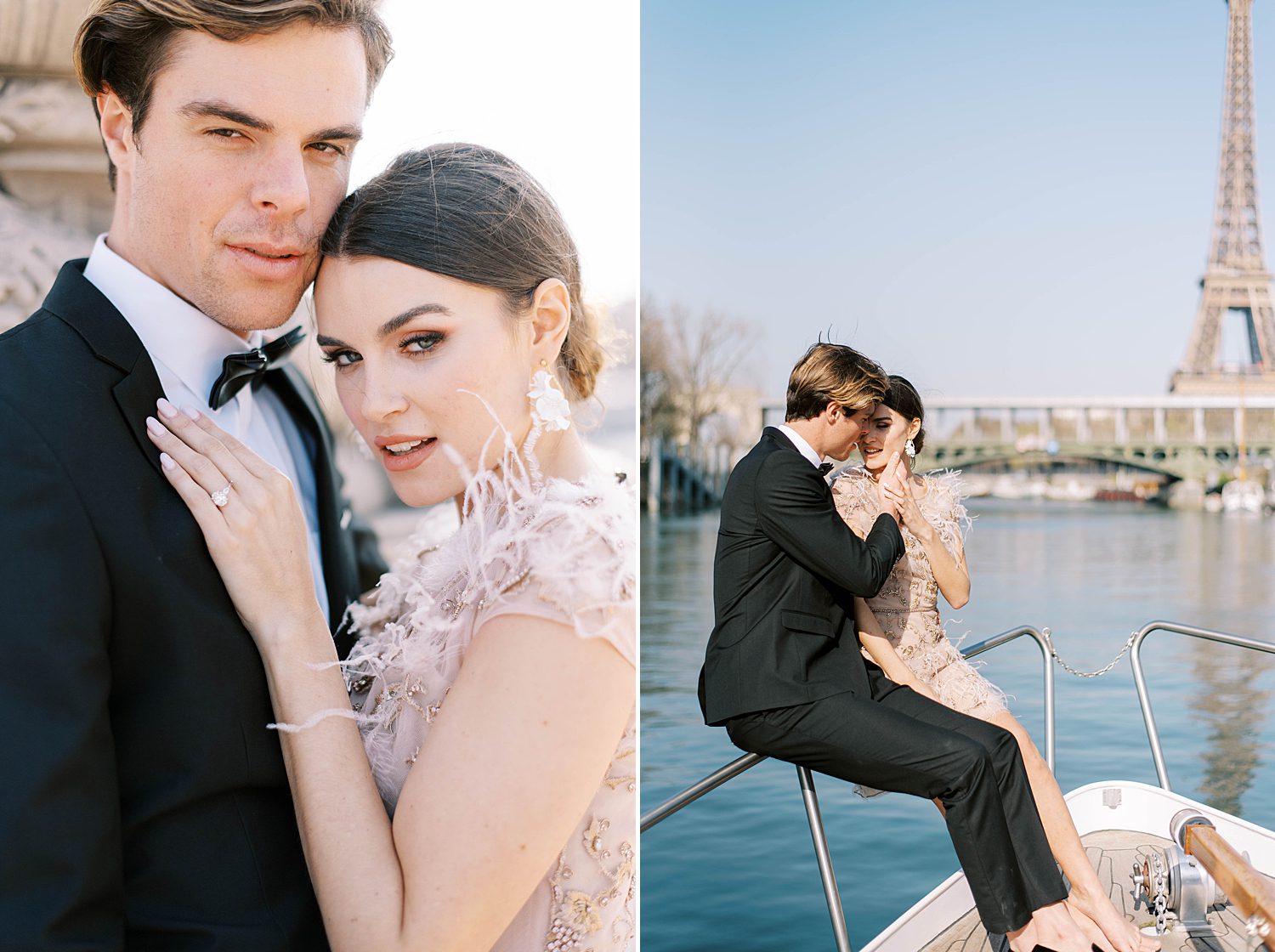 newlyweds sit on river boat in Paris