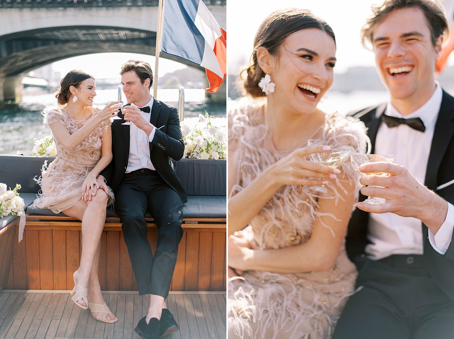 newlyweds toast champagne on river boat in Paris