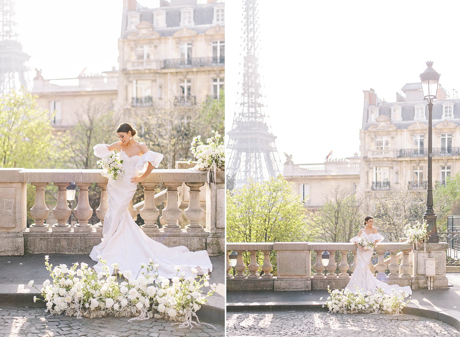 bride stands along stone bridge in Paris