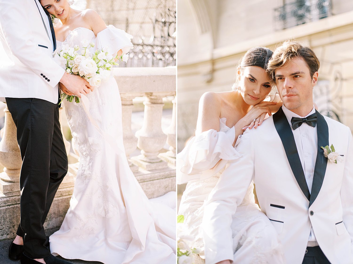 bride in strapless Marchesa gown leans on groom's shoulders in black and white tux 