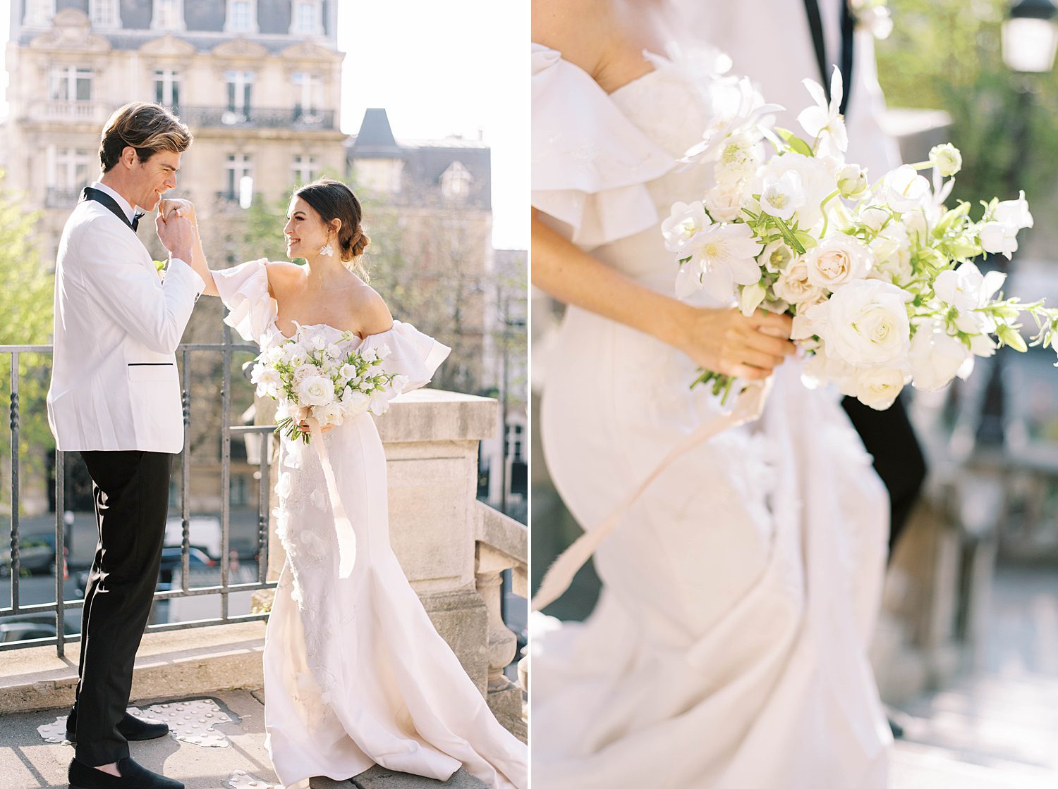 groom kisses bride's hand on Paris street during elopement