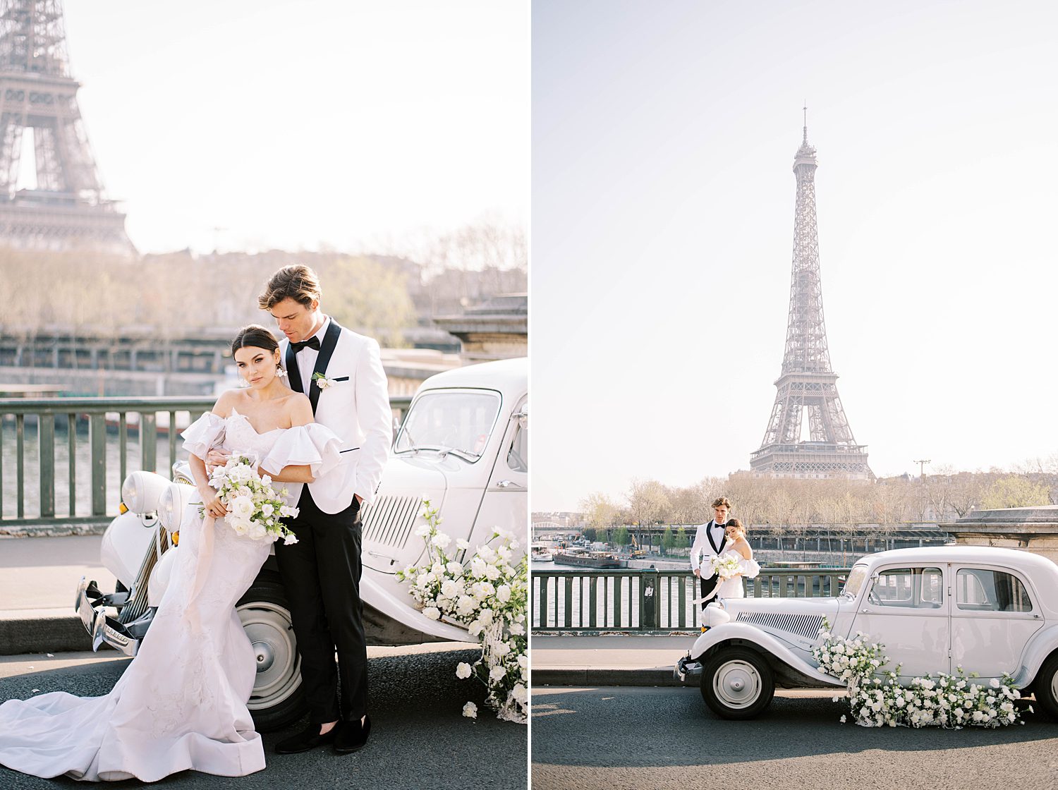 newlyweds lean against classic car in front of Eiffel Tower