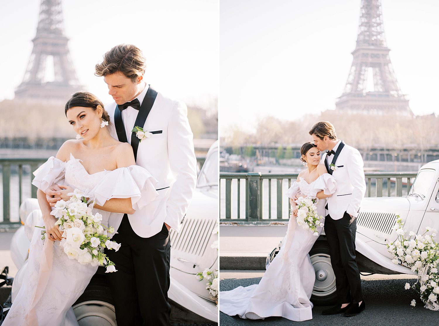 bride and groom hug in front of Eiffel Tower during Paris elopement 