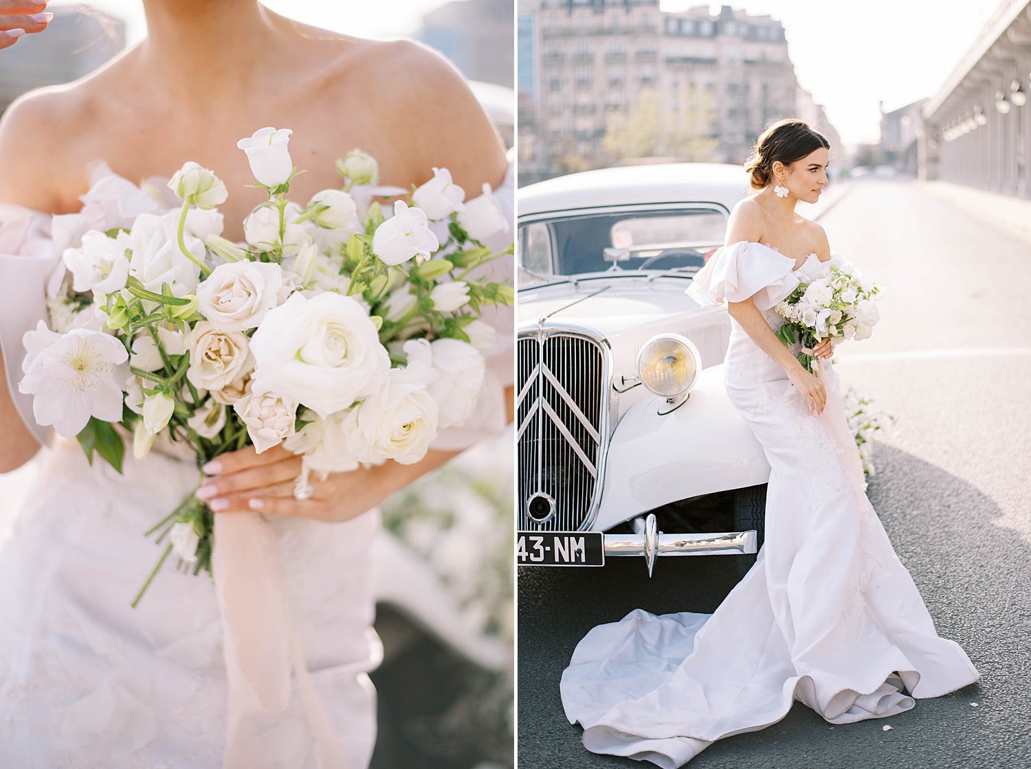 Parisian bride leans against classic white car during portraits