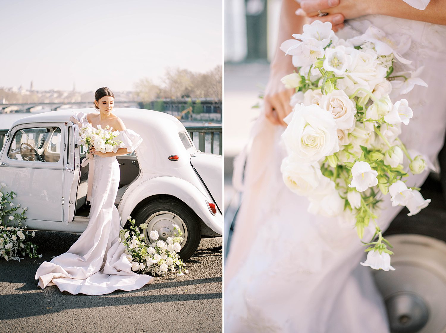 bride in strapless Marchesa gown leans against classic white car in Paris
