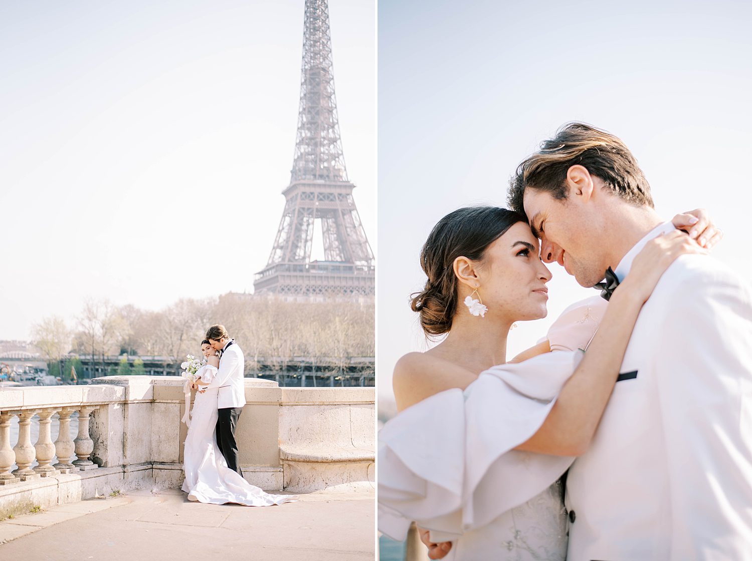 bride and groom hug by Eiffel Tower during Paris Elopement