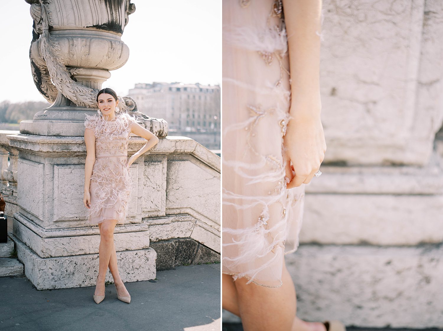 bride wears blush Marchesa gown with fringe in Paris