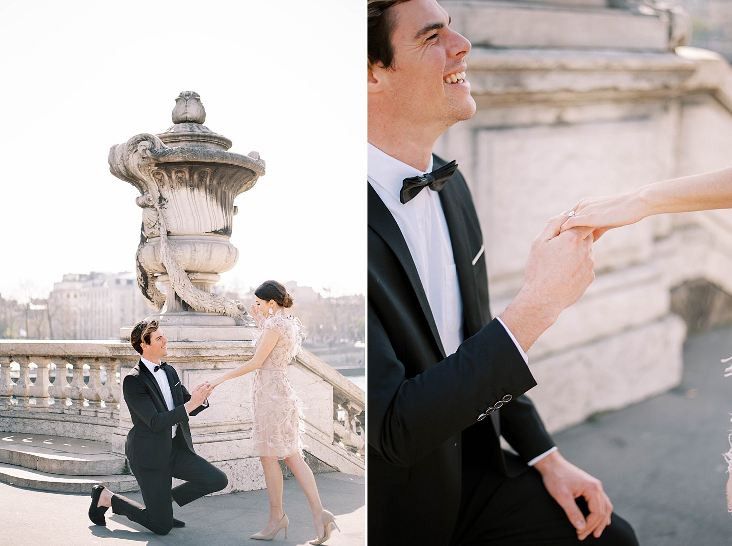 groom kneels down holding bride's hand in Paris