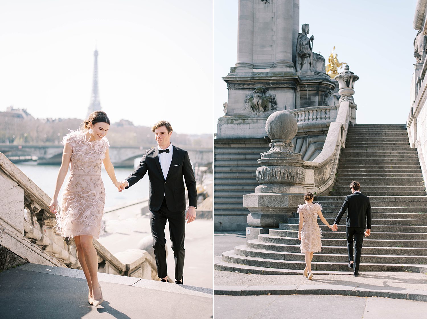 bride and groom hold hands walking steps in Paris