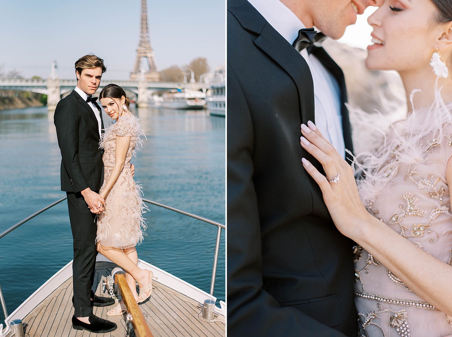 newlyweds stand together on front of river boat in Paris