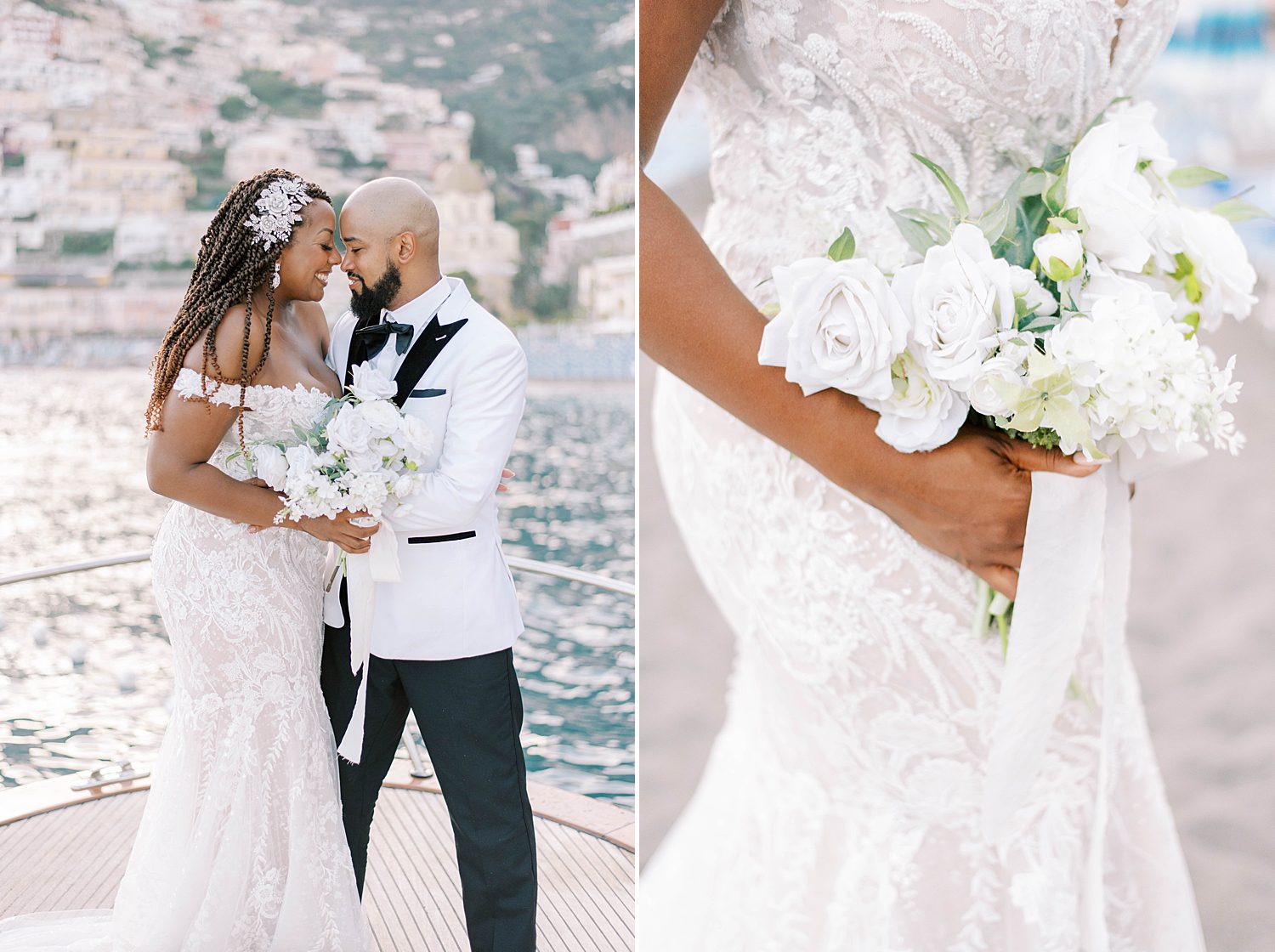 bride holds bouquet of white flowers while standing on boat in Italy
