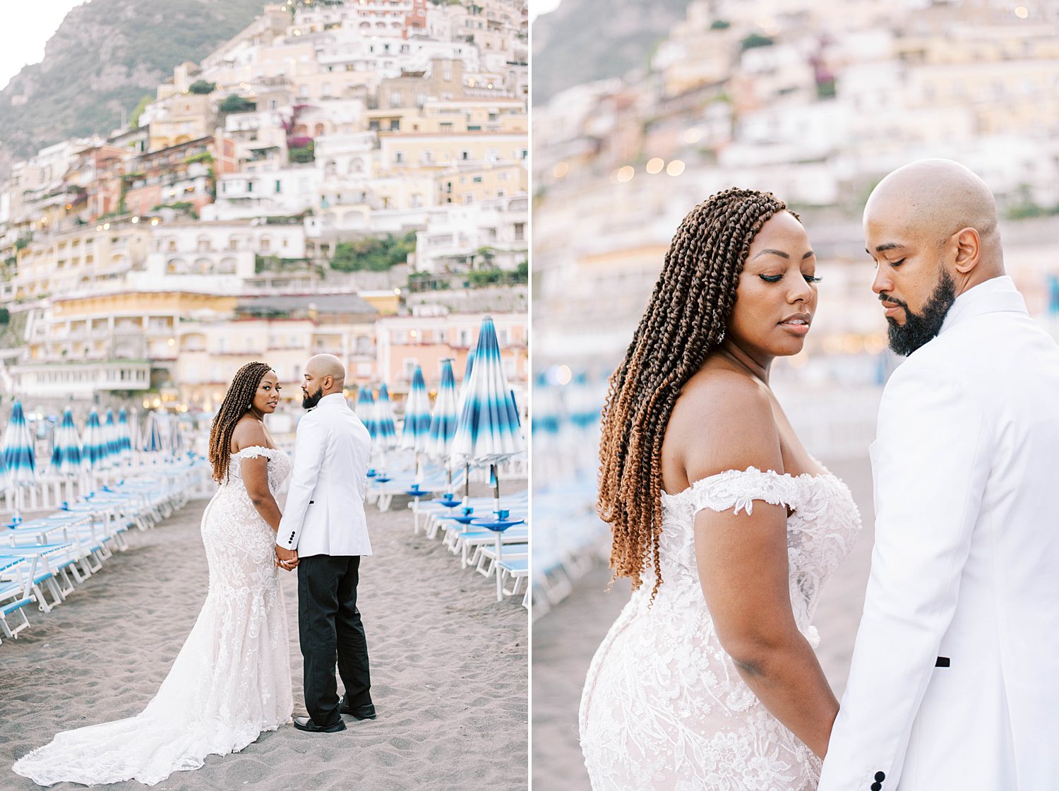 newlyweds hold hands walking on Positano beach by umbrellas