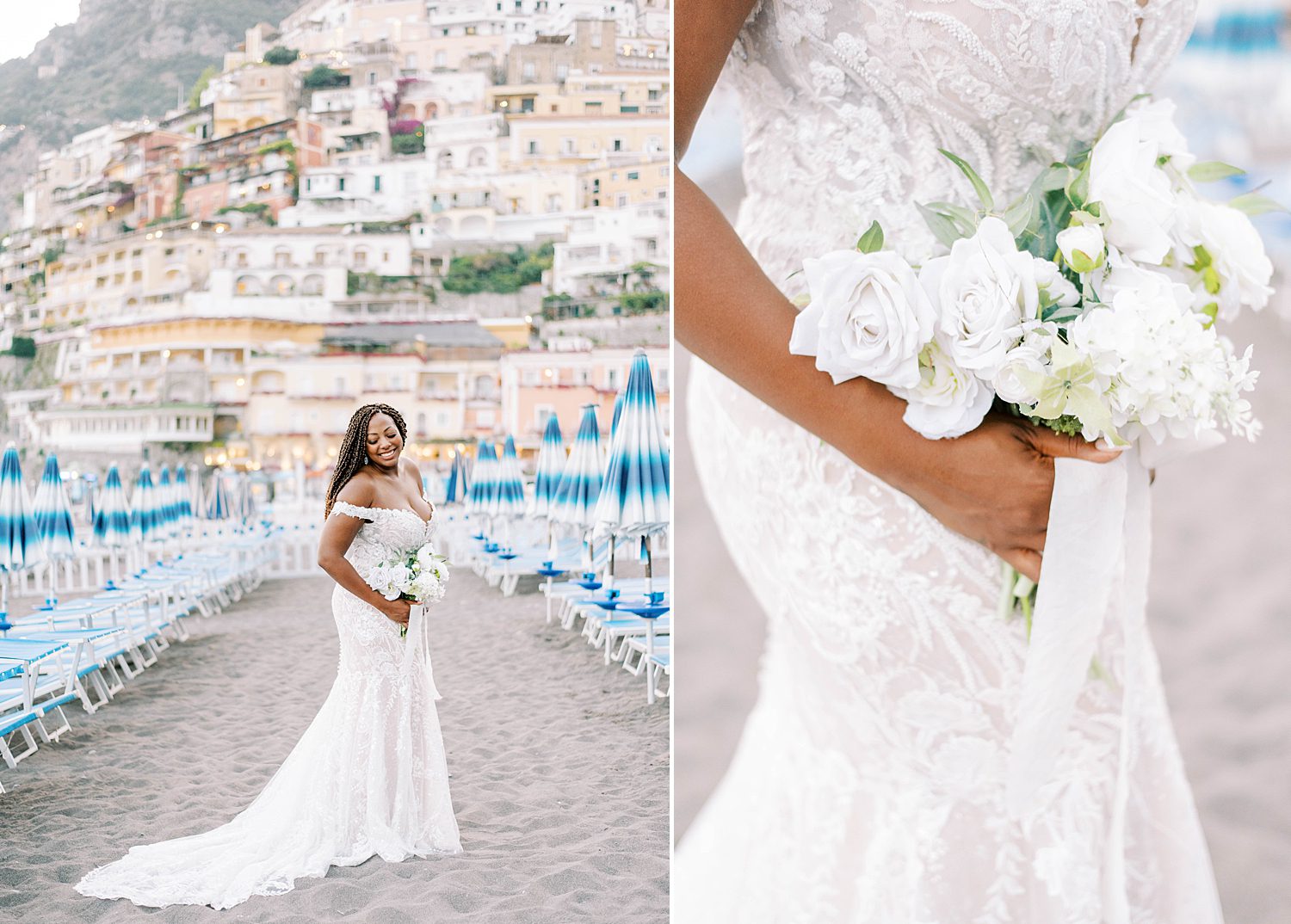 bride stands in off-the-shoulder gown during portraits on beach