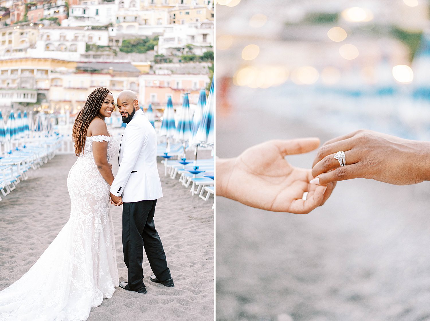 bride and groom pose on Positano beach by blue and white umbrellas